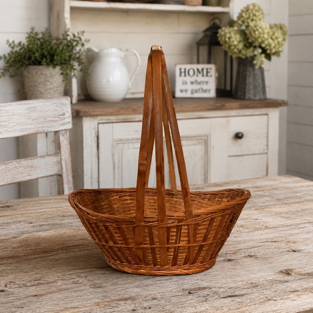 Vintage Woven Wicker Basket Brown High Handle Farmhouse Decor 11x13x7